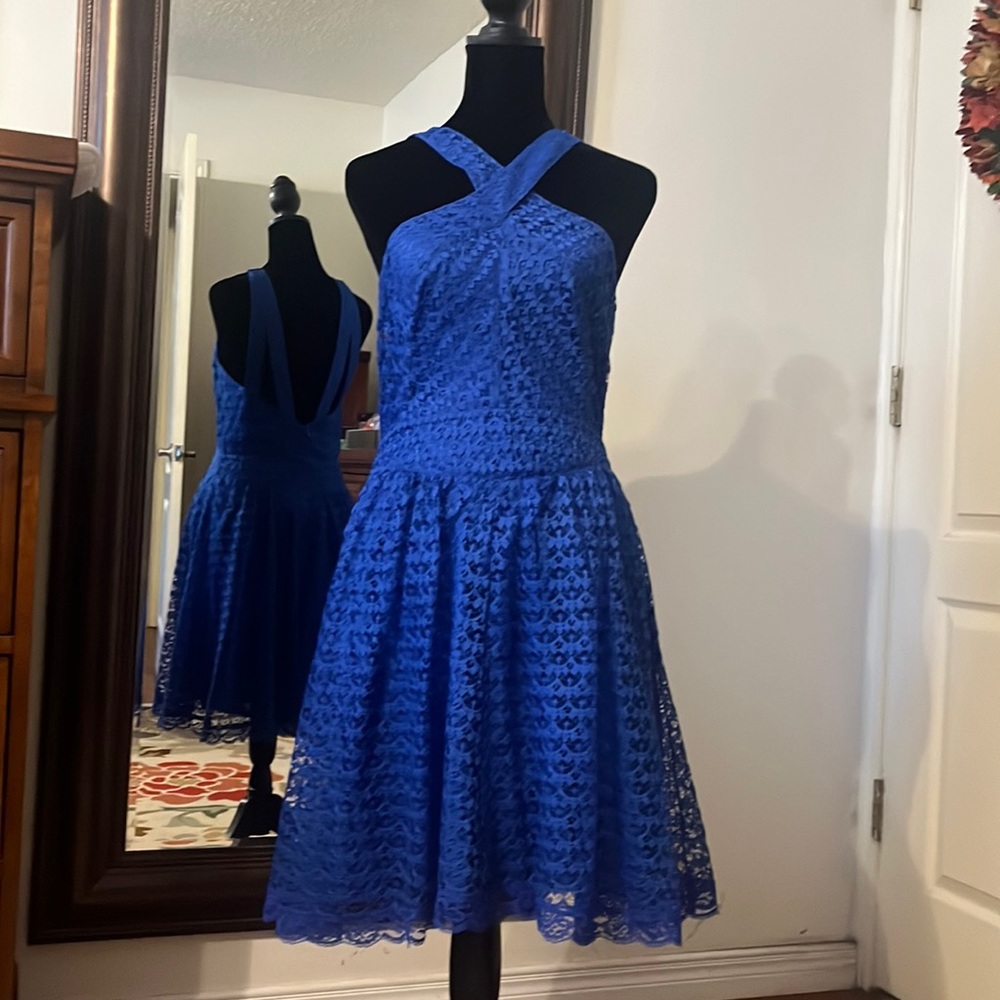 Cross-front strap bright blue lace overlay dress size 6